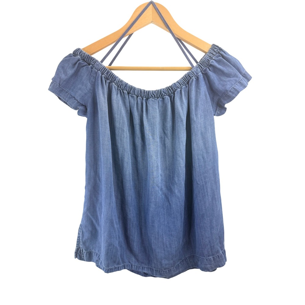 Cloth‎ & Stone Denim Off The Shoulder Elastic Smocked Short Sleeve Casual Sz S
